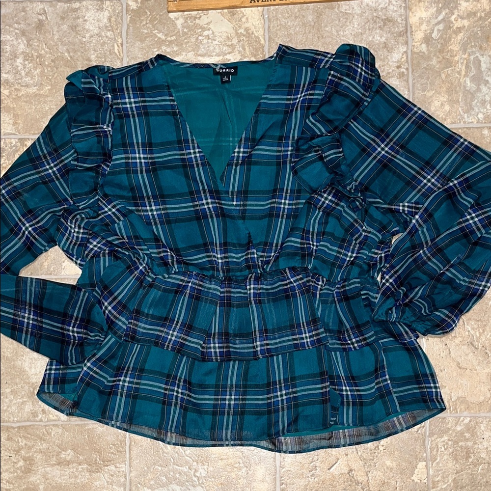 **Last chance!**
Torrid Teal Plaid Ruffle V-Neck Blouse